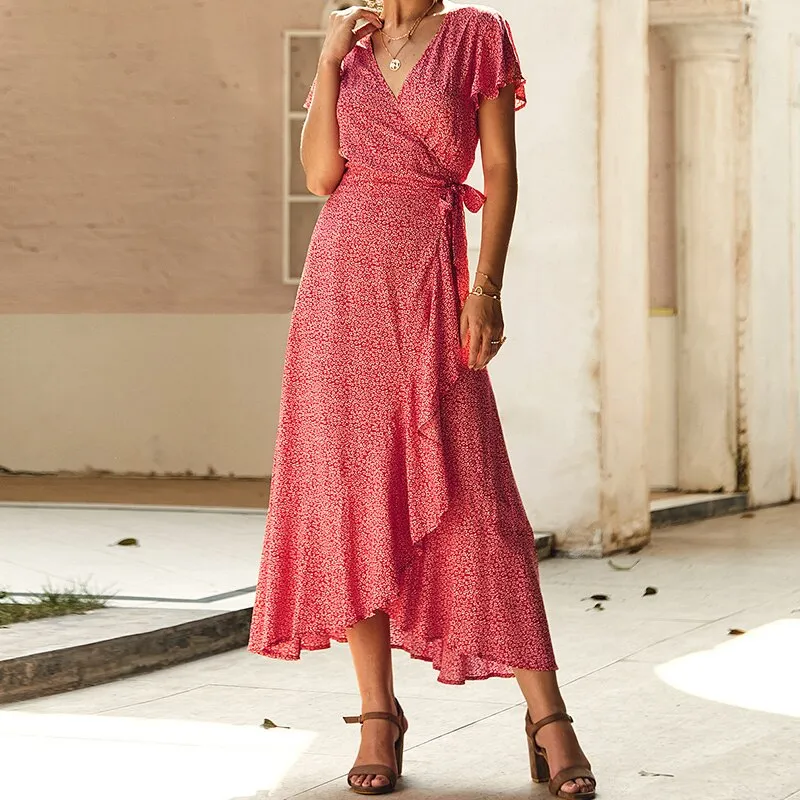 Purpdrank - Summer Vacation Holiday Dress Boho Green Printed Sashes Ruffles Bohemian Midi Dress V-Neck Irregular Short Sleeve Sundress