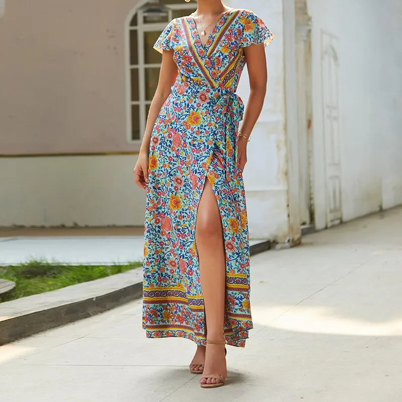 Purpdrank - Summer Vacation Holiday Dress Boho Green Printed Sashes Ruffles Bohemian Midi Dress V-Neck Irregular Short Sleeve Sundress