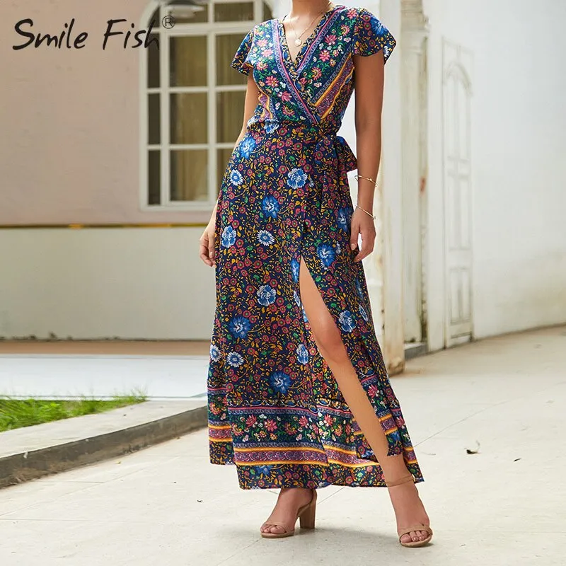 Purpdrank - Summer Vacation Holiday Dress Boho Green Printed Sashes Ruffles Bohemian Midi Dress V-Neck Irregular Short Sleeve Sundress