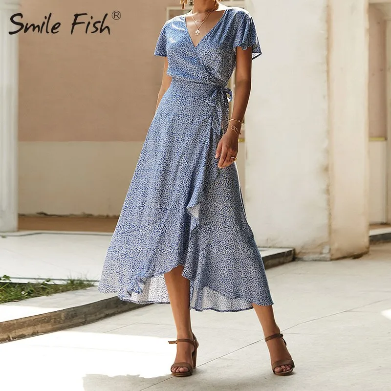 Purpdrank - Summer Vacation Holiday Dress Boho Green Printed Sashes Ruffles Bohemian Midi Dress V-Neck Irregular Short Sleeve Sundress