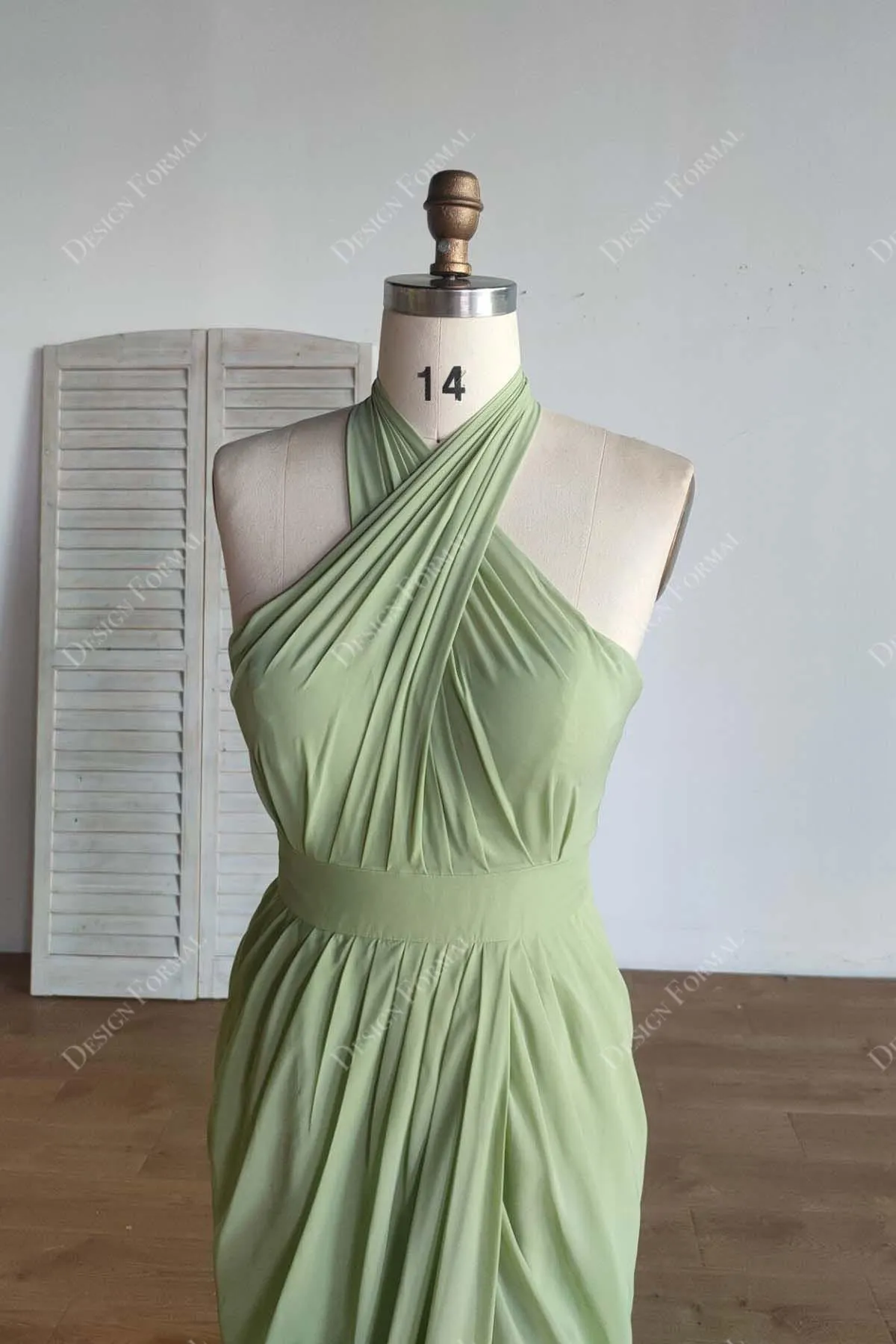 Sage Halter Chiffon Custom Slit Sheath Floor Length Formal Dress