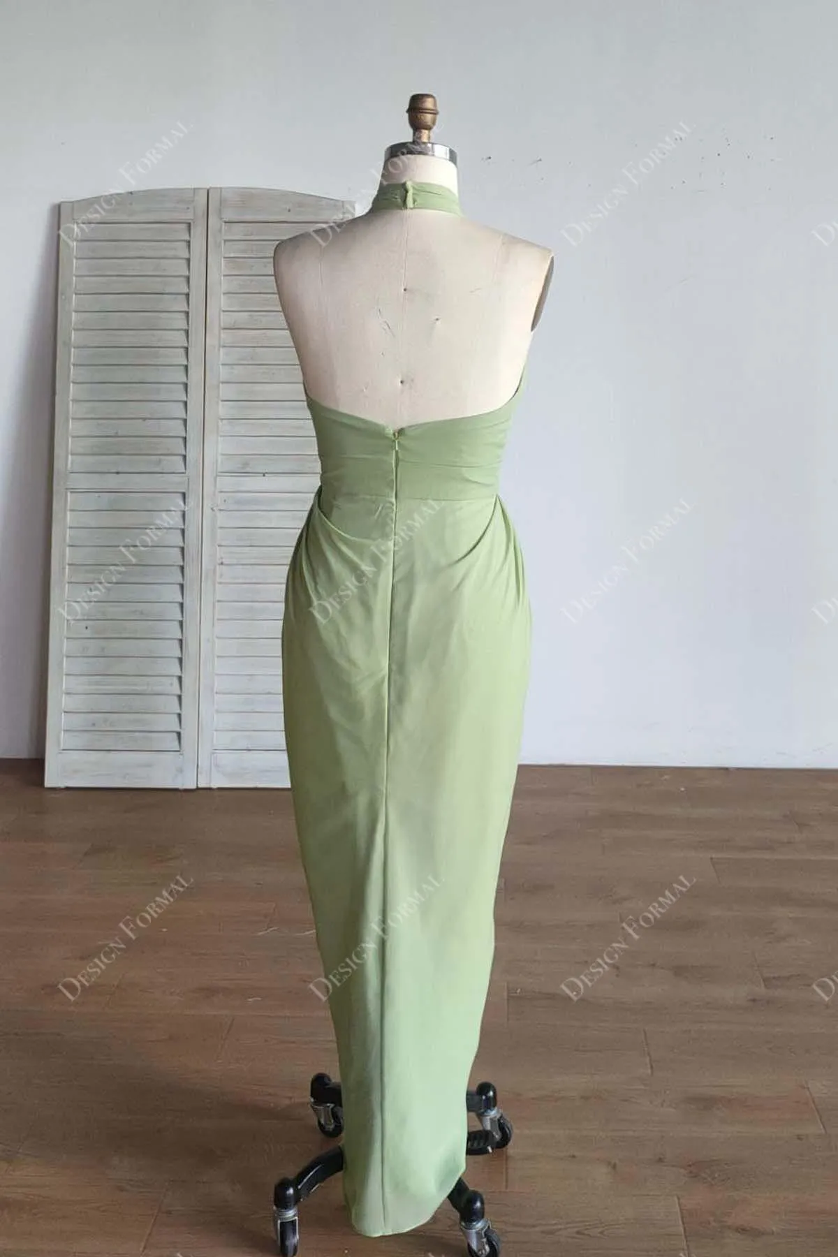 Sage Halter Chiffon Custom Slit Sheath Floor Length Formal Dress