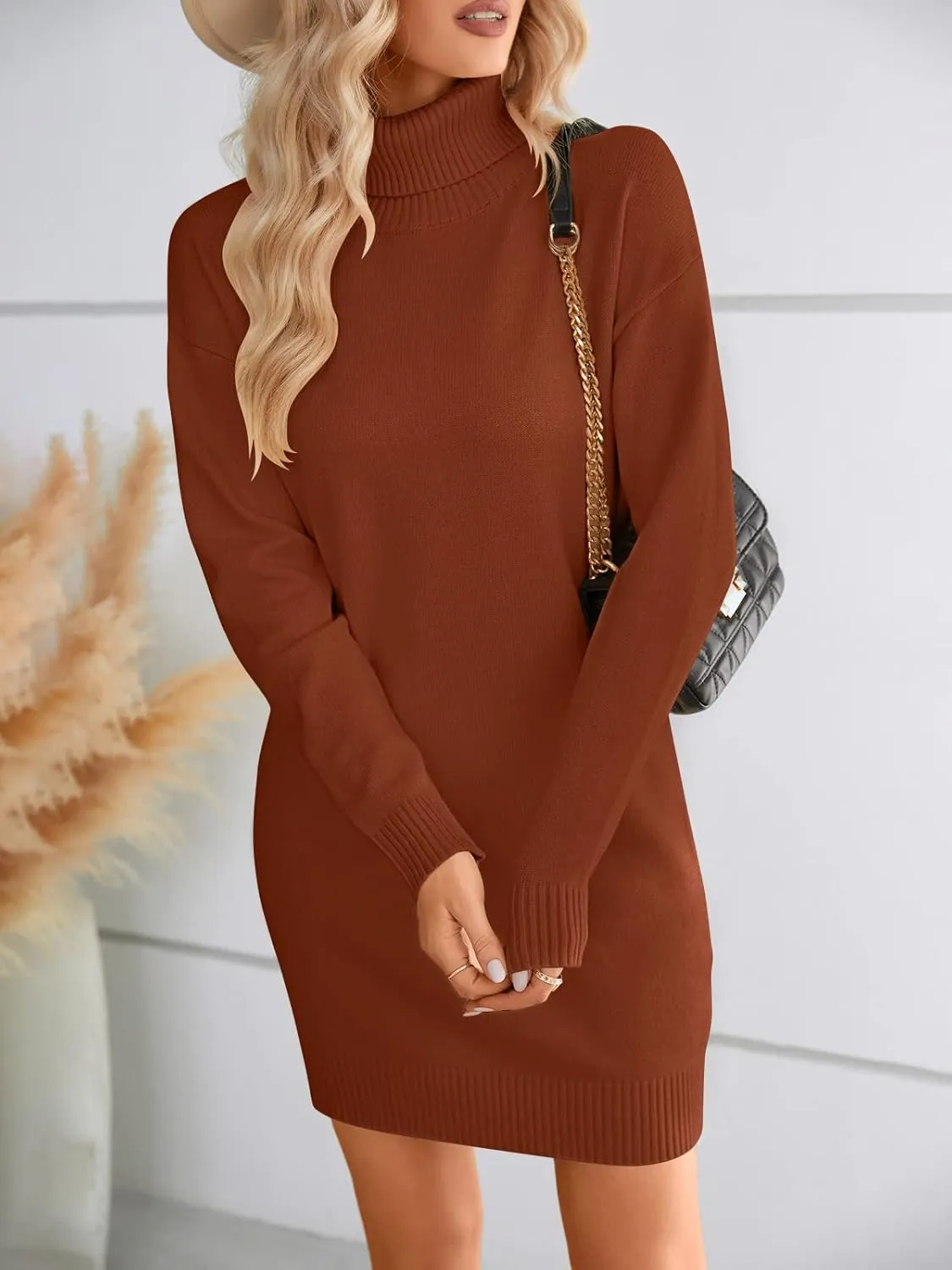 SENFURE Women Turtleneck Sweater Dress Oversized Long Sleeve Knit Pullover Fall Sweater Short Dresses