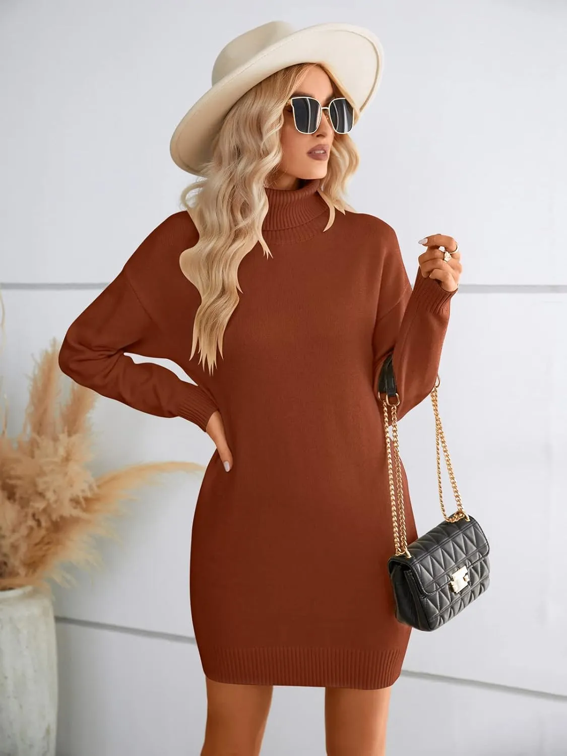 SENFURE Women Turtleneck Sweater Dress Oversized Long Sleeve Knit Pullover Fall Sweater Short Dresses