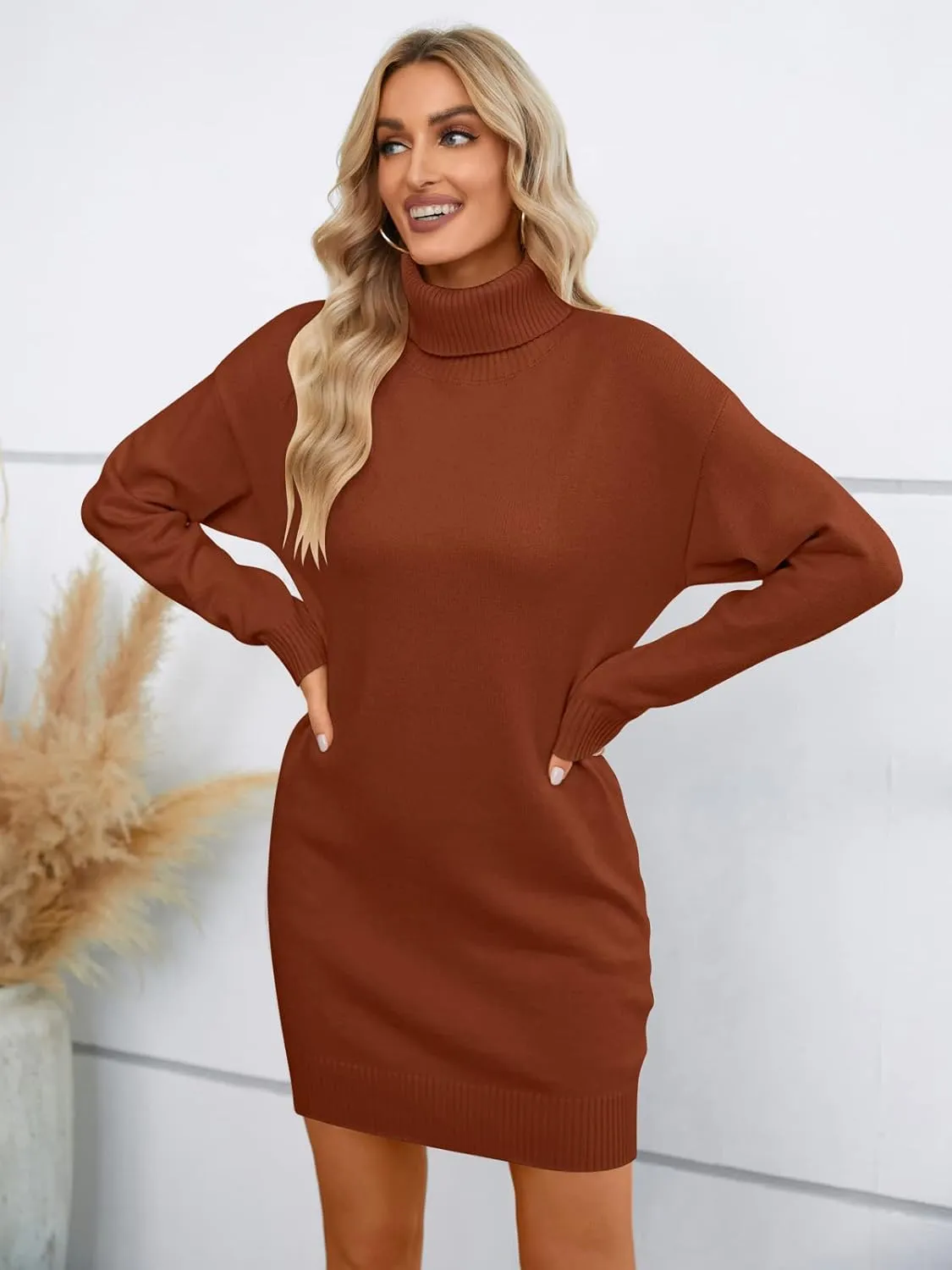 SENFURE Women Turtleneck Sweater Dress Oversized Long Sleeve Knit Pullover Fall Sweater Short Dresses