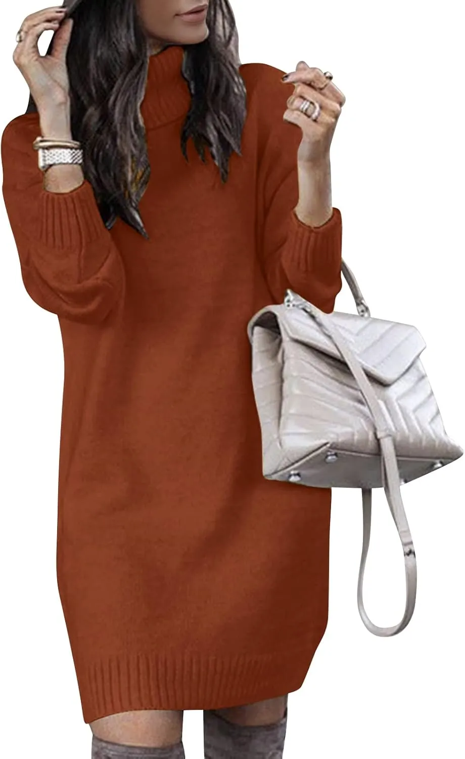 SENFURE Women Turtleneck Sweater Dress Oversized Long Sleeve Knit Pullover Fall Sweater Short Dresses