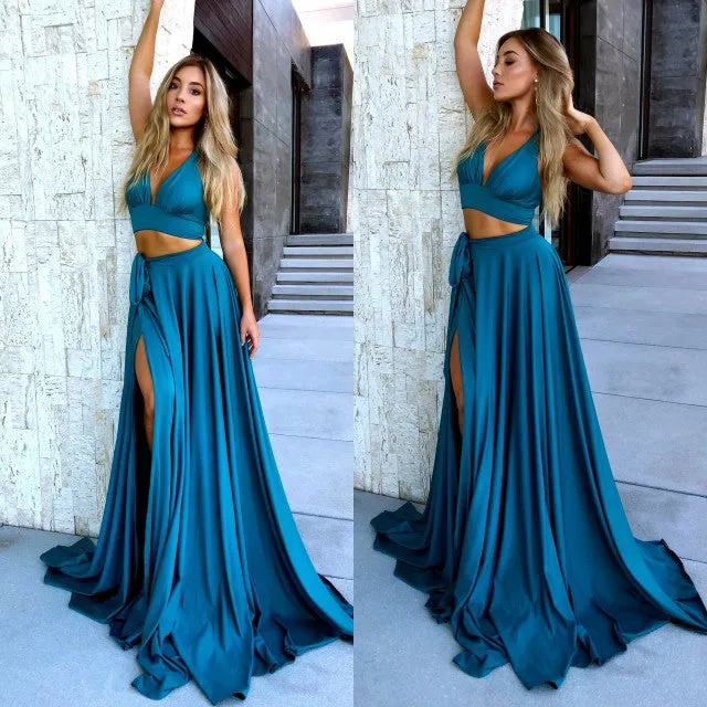 Sexy Halter Sleeveless Evening Gowns | Long Empire Two Pieces Prom Dress With Split