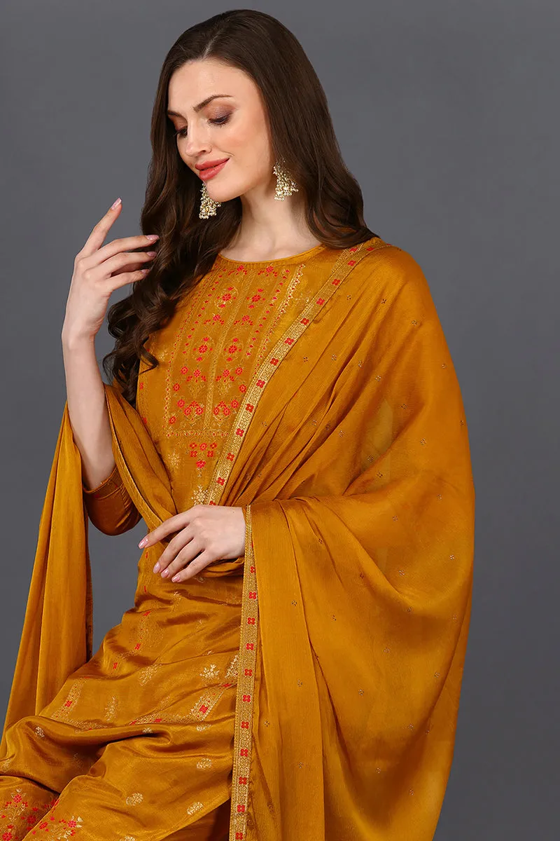 Silk Blend Mustard Embroidered Straight Suit Set