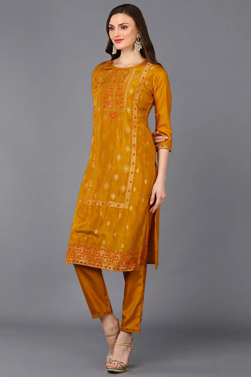 Silk Blend Mustard Embroidered Straight Suit Set