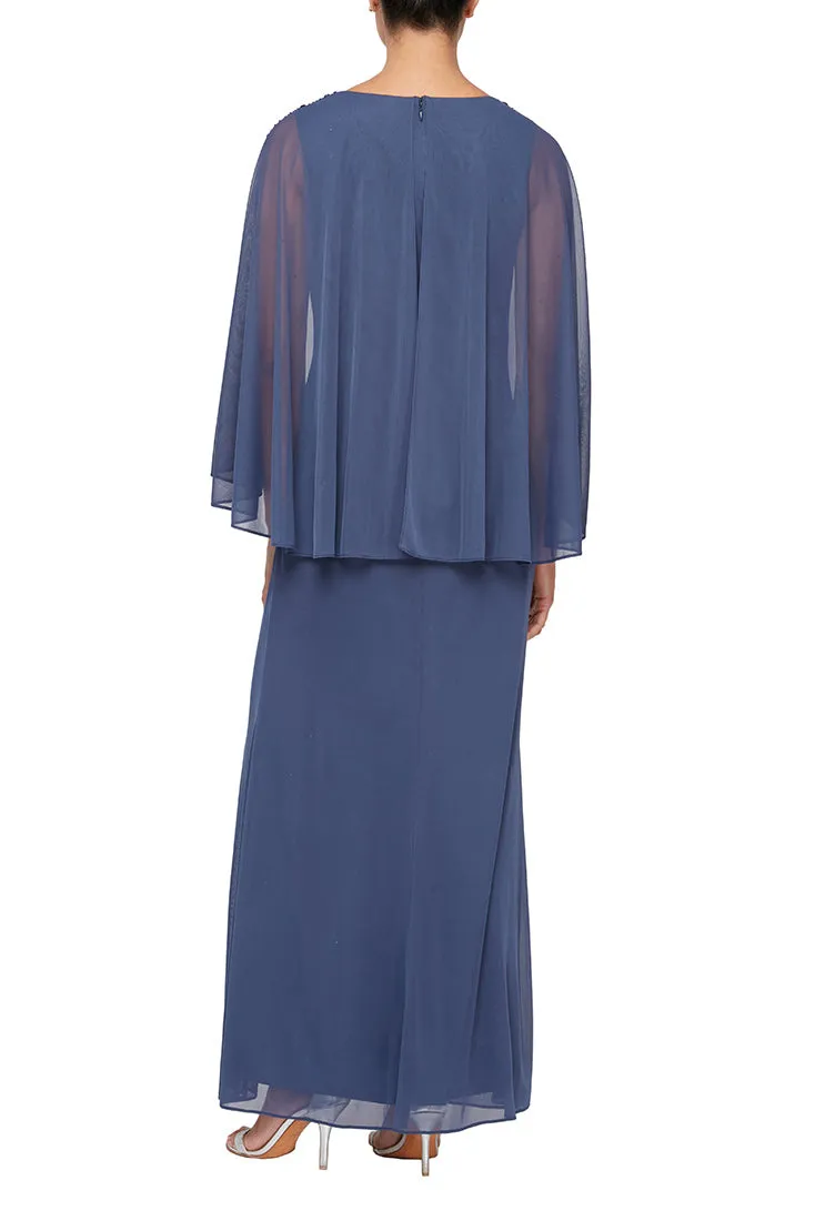 SL Fashion Long Surplice Neckline, Ruched Waist Embellished Capelet Sleeves and Front Slit Chiffon Dress