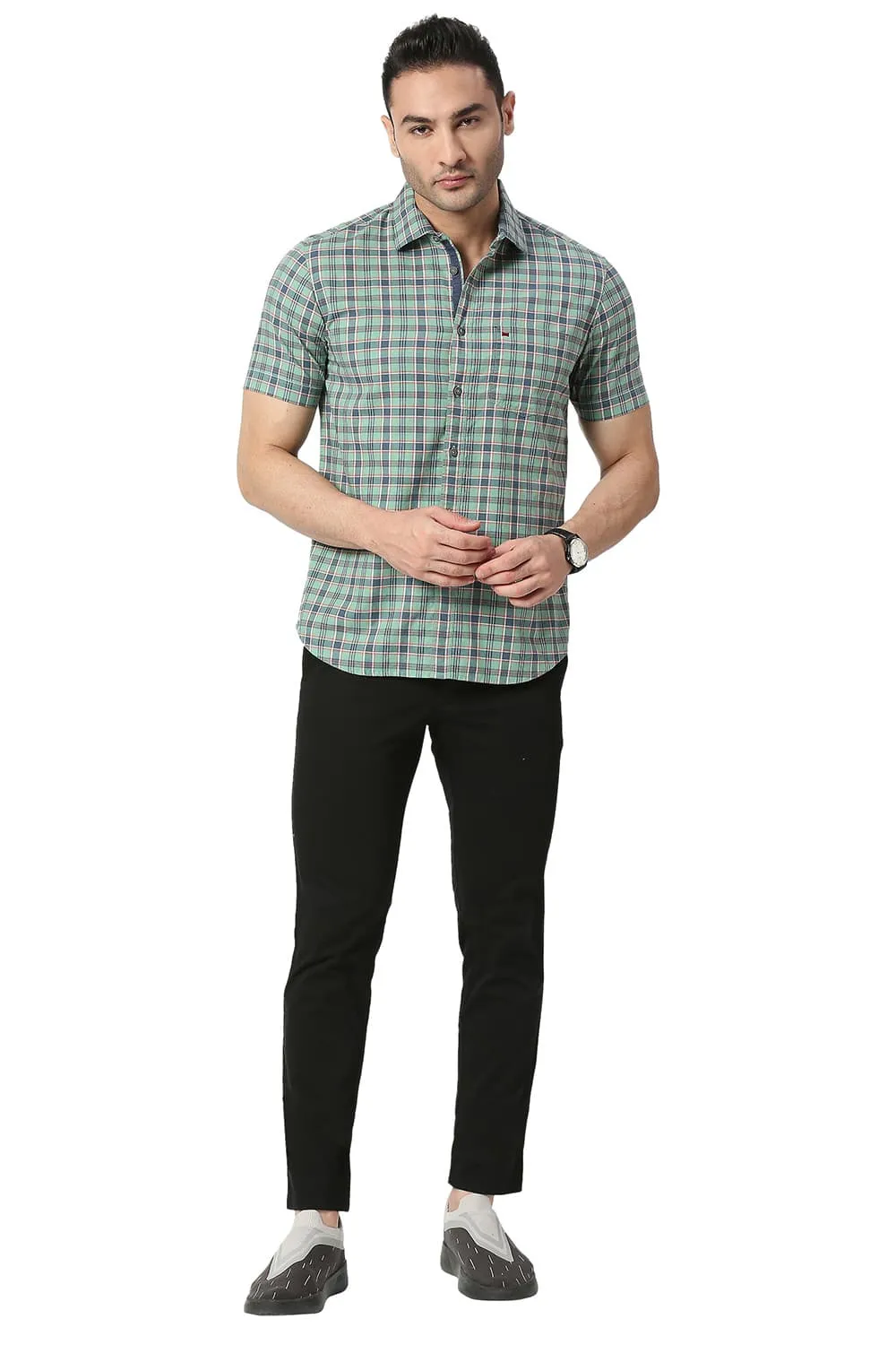 Slim Fit Cotton Oxford Checks Halfsleeves Shirt
