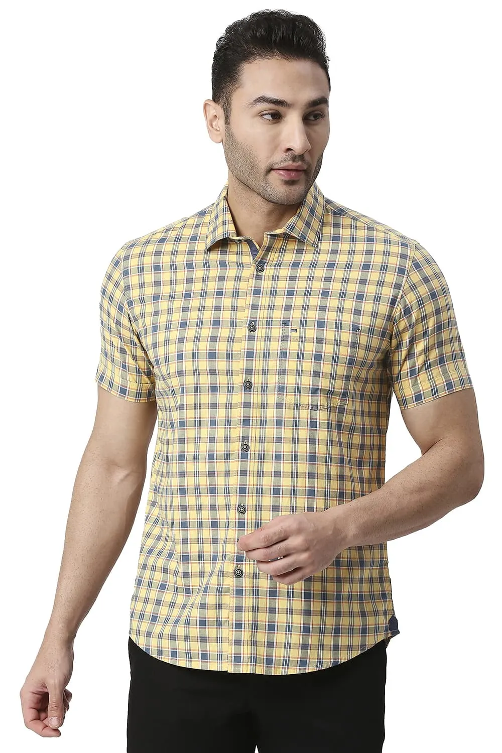Slim Fit Cotton Oxford Checks Halfsleeves Shirt