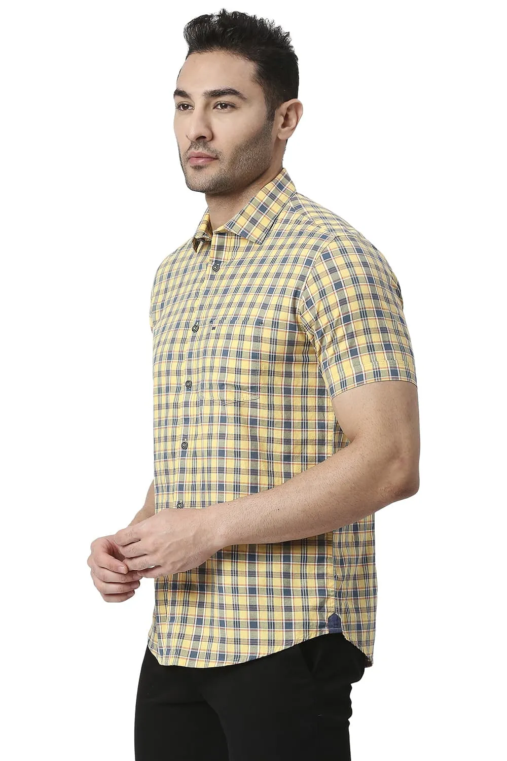Slim Fit Cotton Oxford Checks Halfsleeves Shirt