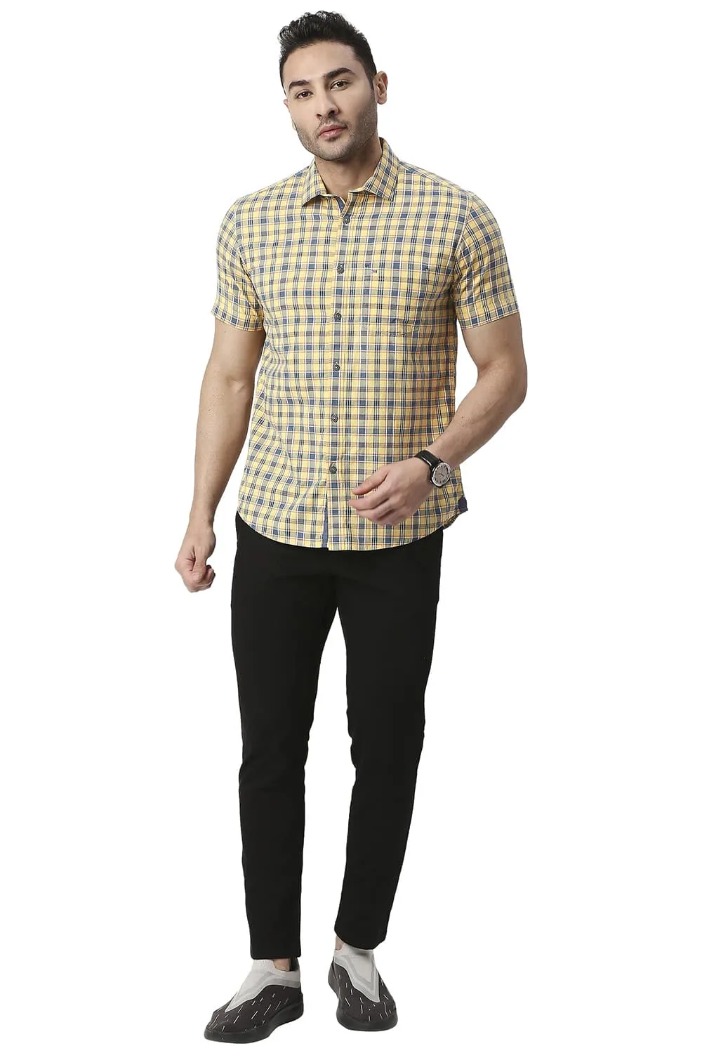 Slim Fit Cotton Oxford Checks Halfsleeves Shirt