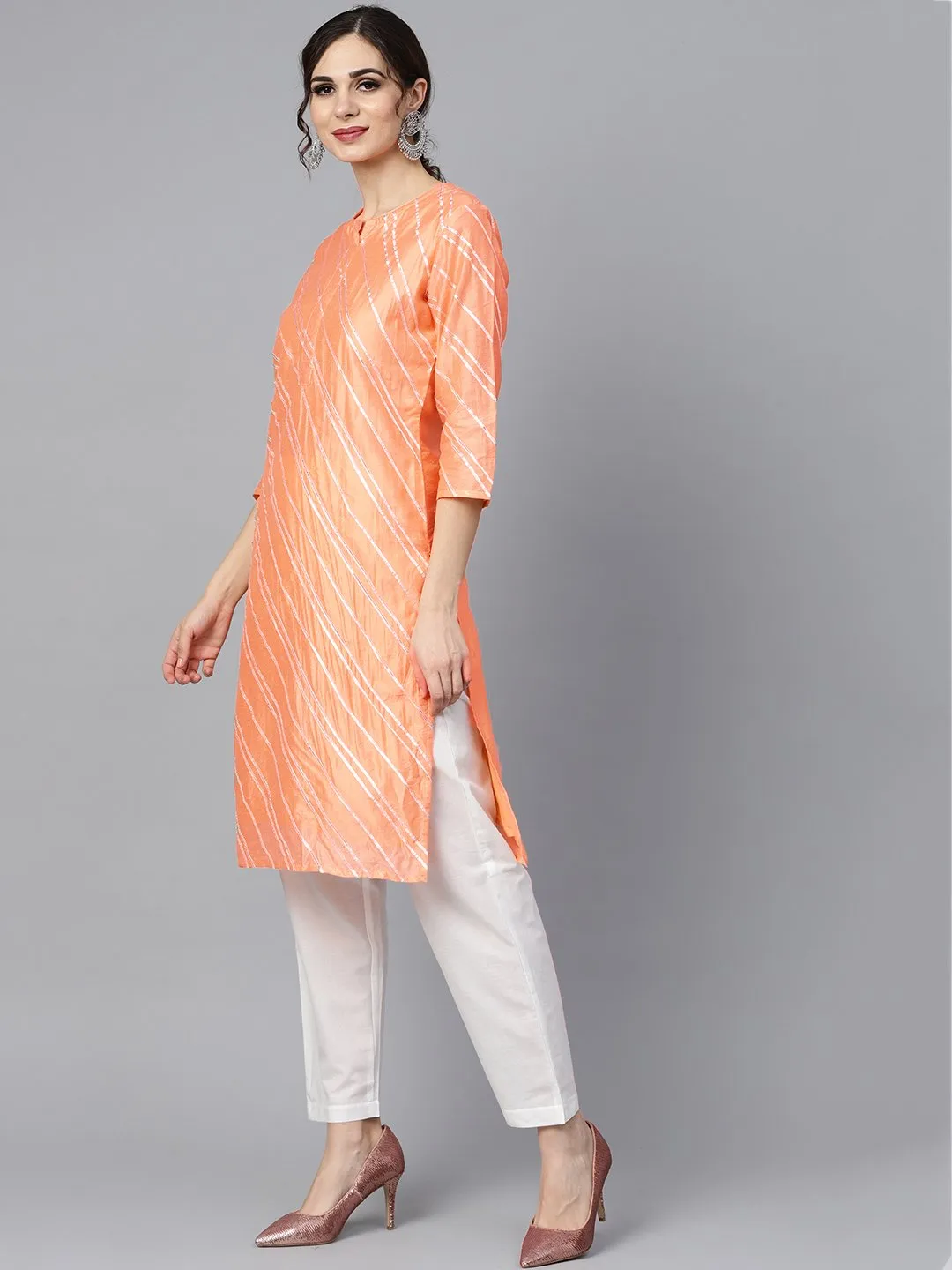 Solid Peach Gota Detailing Straight Kurta And Solid Off White Pants  With Gota Detailing Off White Mul Dupatta