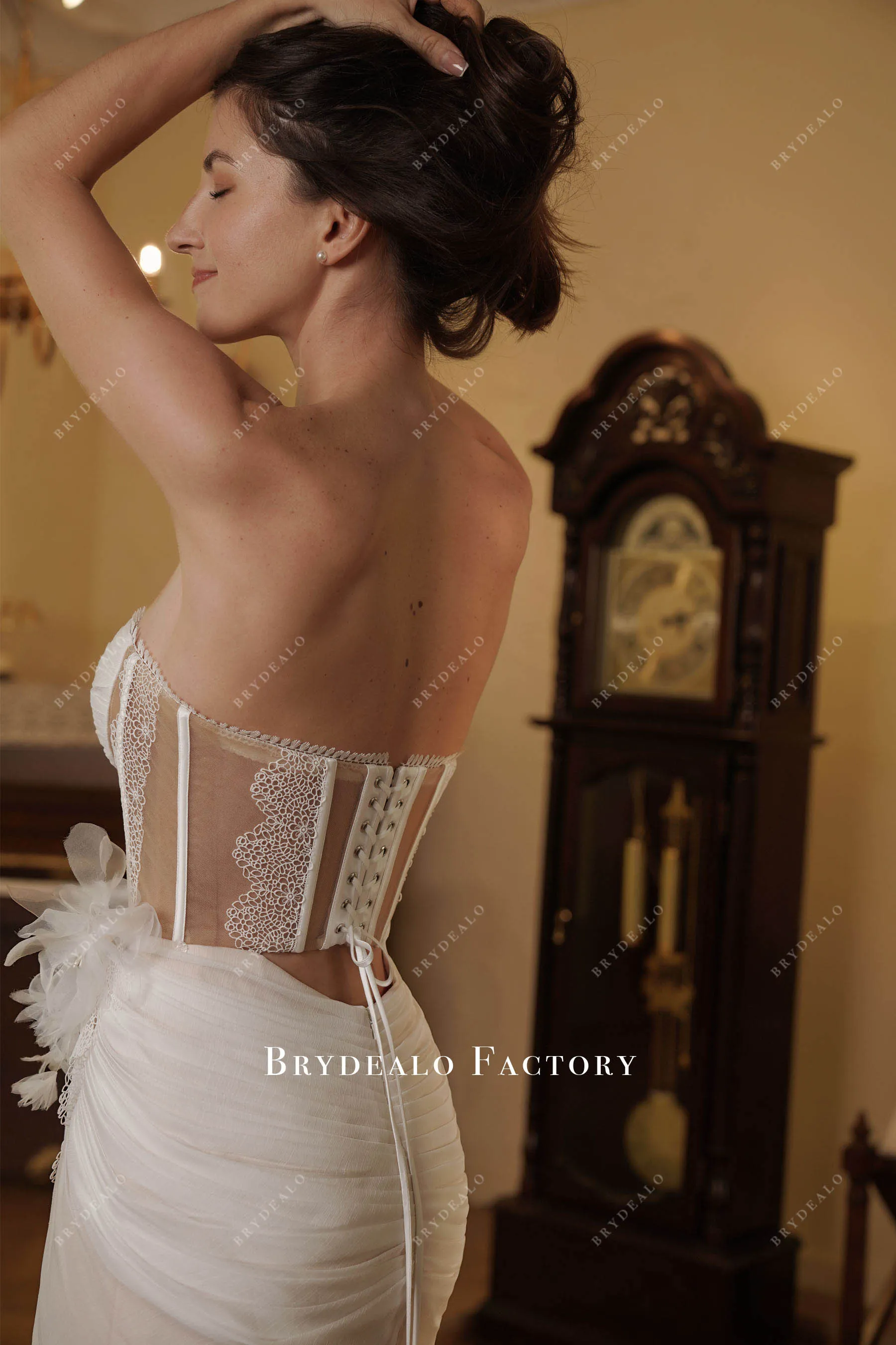 Strapless Illusion Corset Slit Chiffon 2 In 1 Beach Wedding Dress