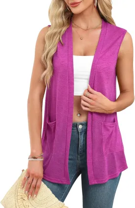 Summer Vest for Women Lightweight Fashion Casual Soft Knit Sleeveless Cardigan Curved Hem with Cozy Pockets (S-3XL)