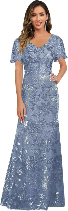 V Neck Mother of The Bride Dresses for Women Short Sleeve Long Sequin Lace Evening Formal Dress