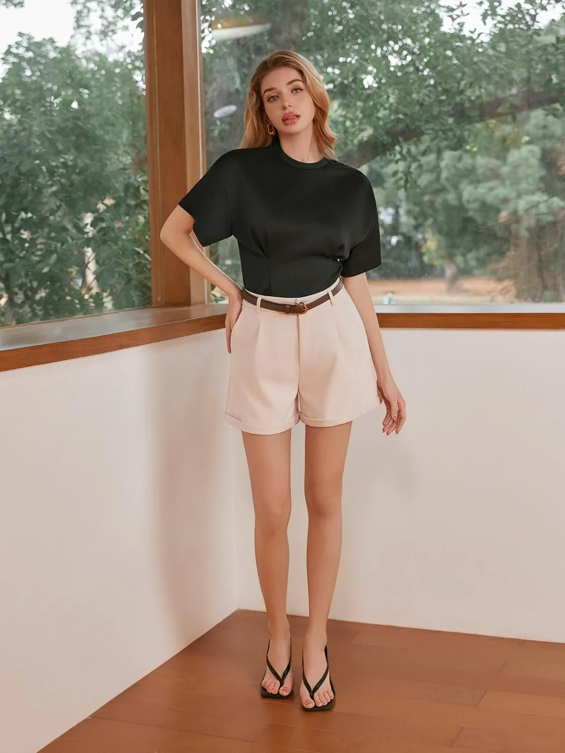 Vinova Womens Shorts Dressy Casual Pleated Elastic High Waisted Trouser Wide Leg Work Trouser Shorts with Pockets & Belt