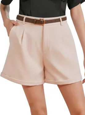Vinova Womens Shorts Dressy Casual Pleated Elastic High Waisted Trouser Wide Leg Work Trouser Shorts with Pockets & Belt
