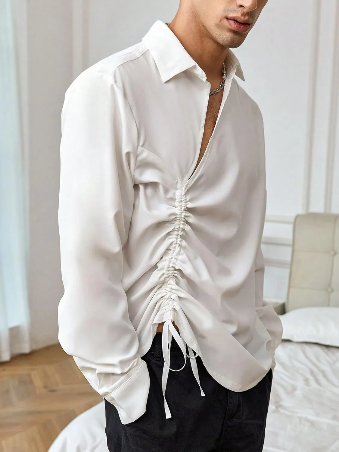 WDIRARA Men's Drawstring Tie Front Collared Shirts Long Sleeve Lightweight Casual Loose Shirts
