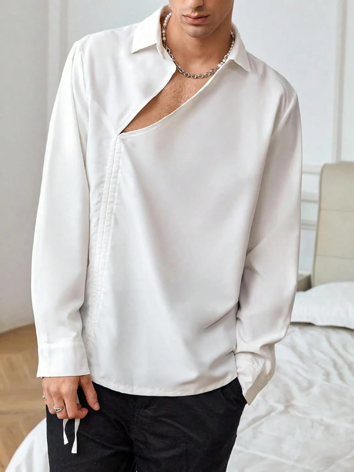 WDIRARA Men's Drawstring Tie Front Collared Shirts Long Sleeve Lightweight Casual Loose Shirts
