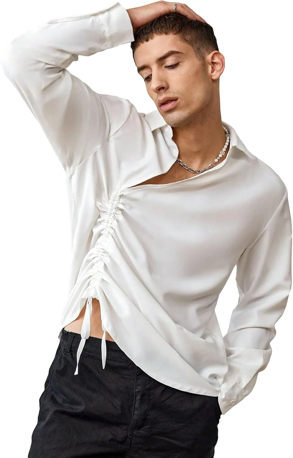 WDIRARA Men's Drawstring Tie Front Collared Shirts Long Sleeve Lightweight Casual Loose Shirts
