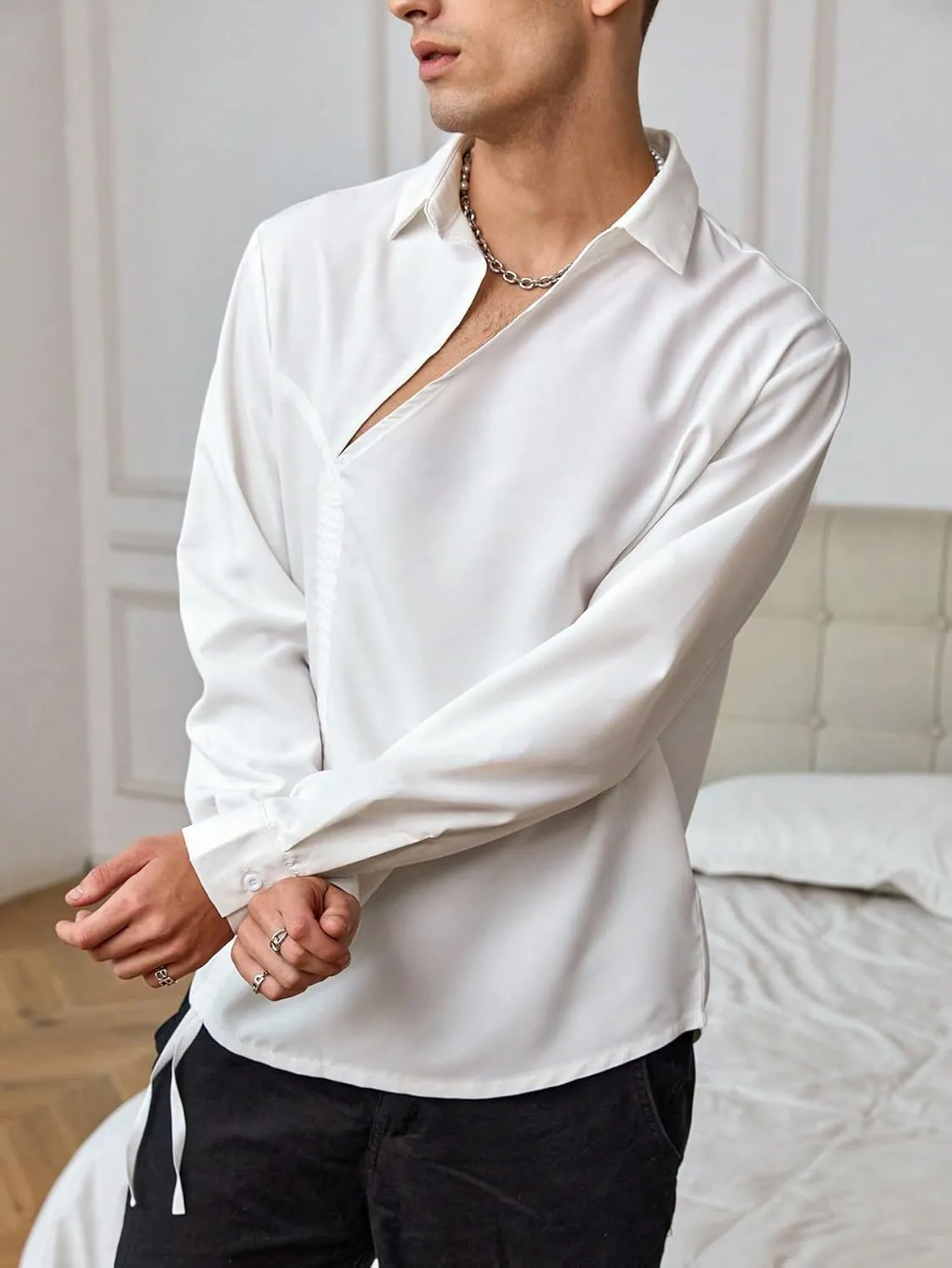 WDIRARA Men's Drawstring Tie Front Collared Shirts Long Sleeve Lightweight Casual Loose Shirts
