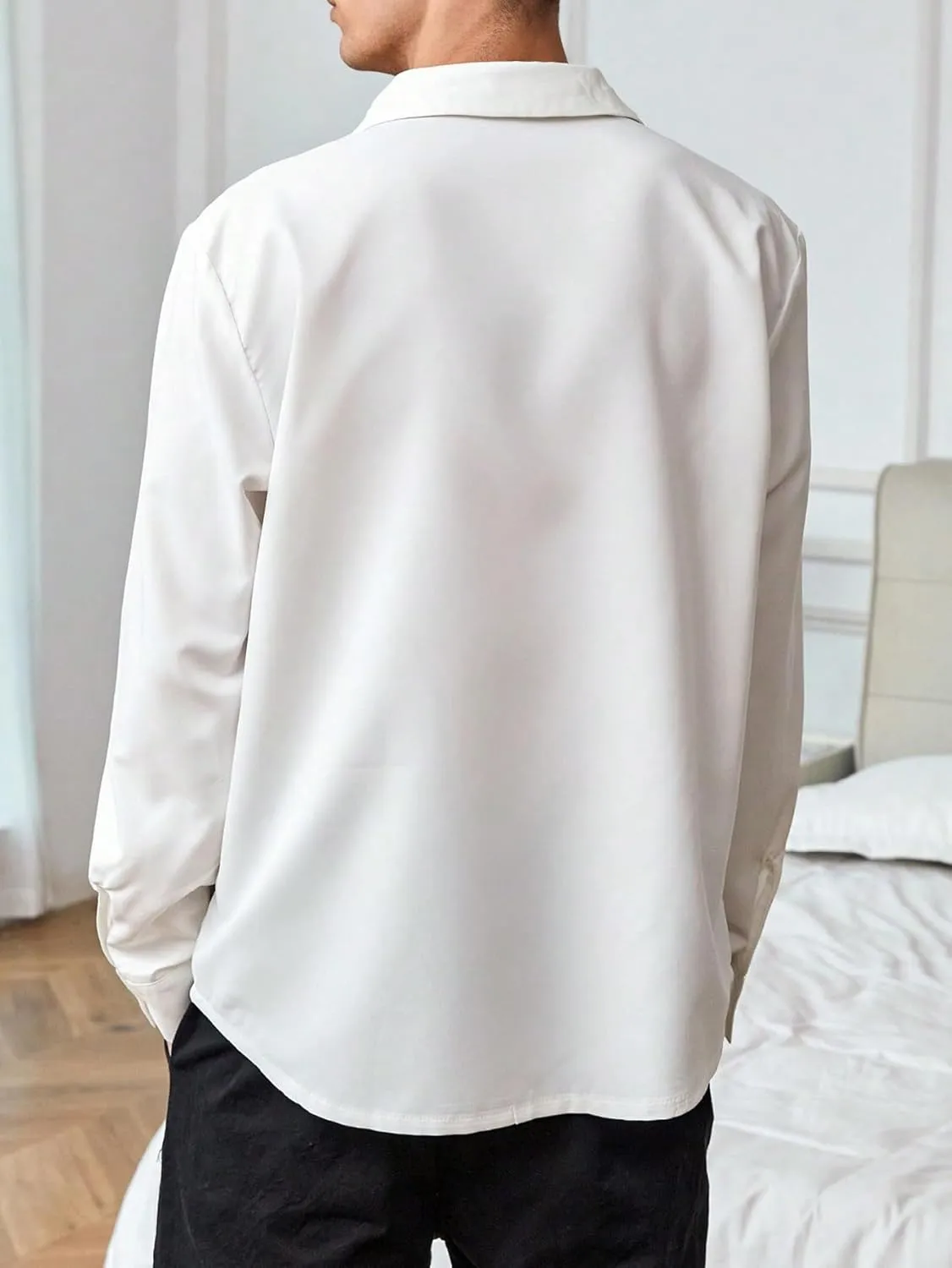 WDIRARA Men's Drawstring Tie Front Collared Shirts Long Sleeve Lightweight Casual Loose Shirts