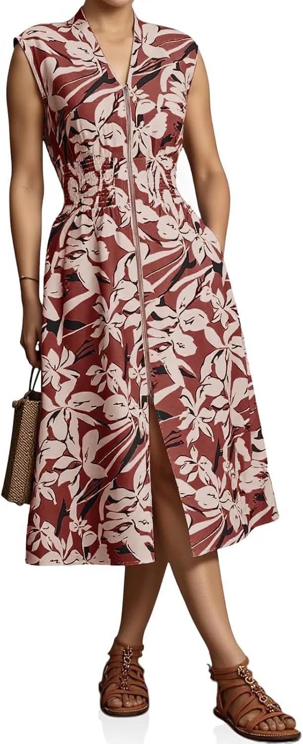 Wenrine Womens Floral Midi Dress Casual Zipper Front Sleeveless V Neck Smocked Flowy Summer Dresses