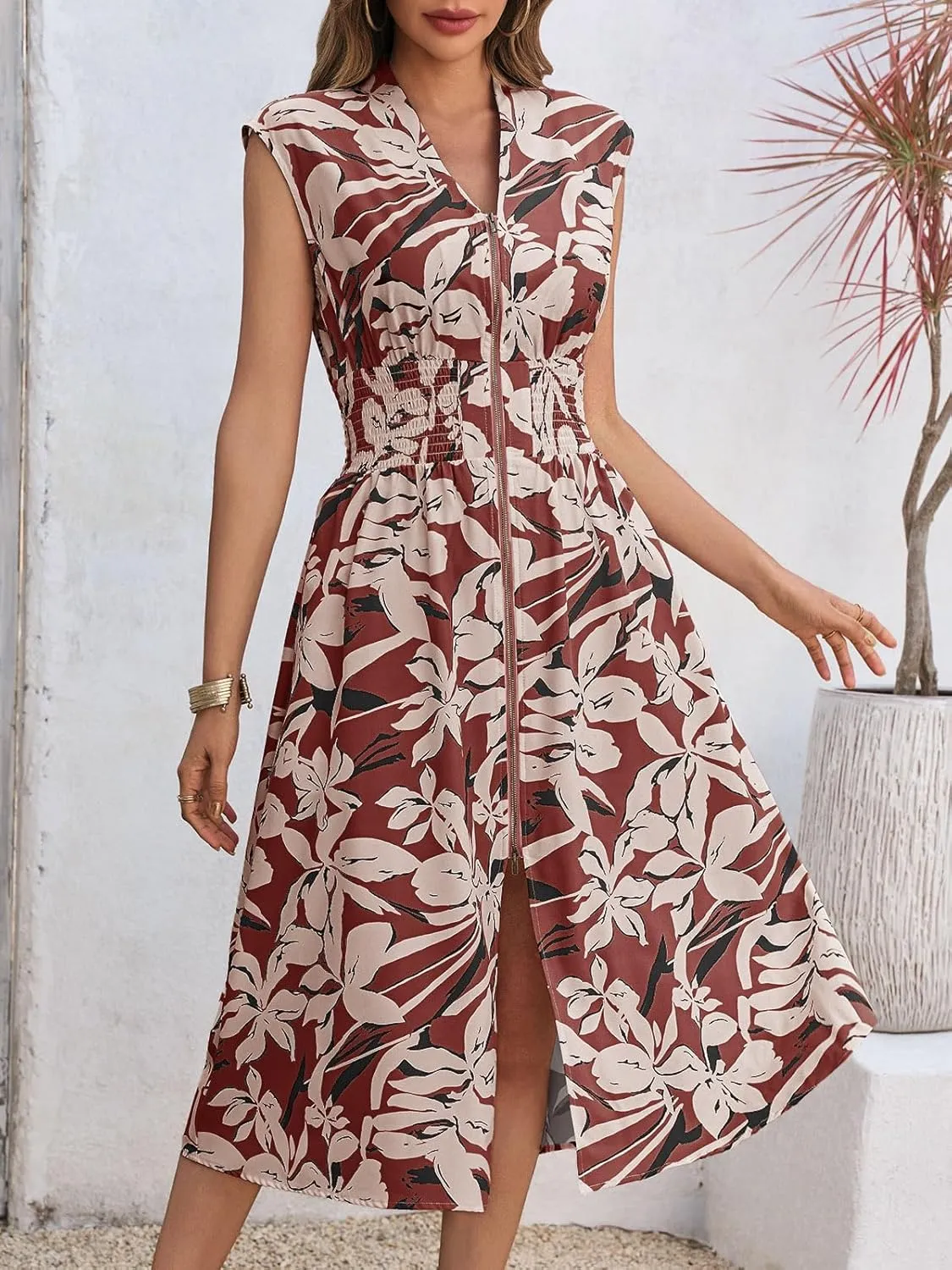 Wenrine Womens Floral Midi Dress Casual Zipper Front Sleeveless V Neck Smocked Flowy Summer Dresses