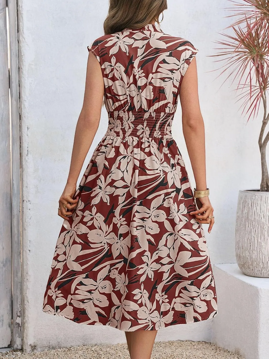 Wenrine Womens Floral Midi Dress Casual Zipper Front Sleeveless V Neck Smocked Flowy Summer Dresses