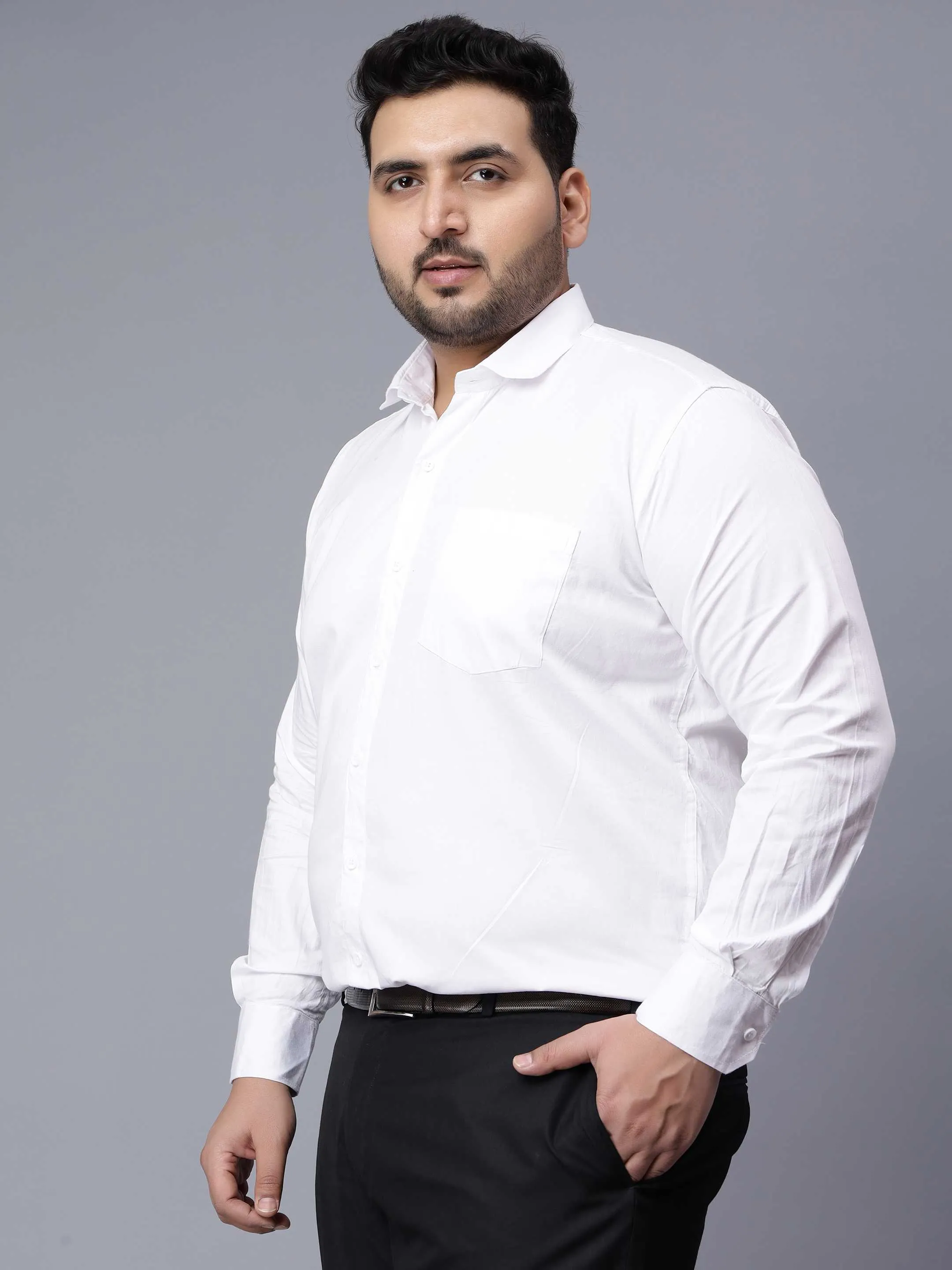 White Solid Cotton Plus Size Shirt