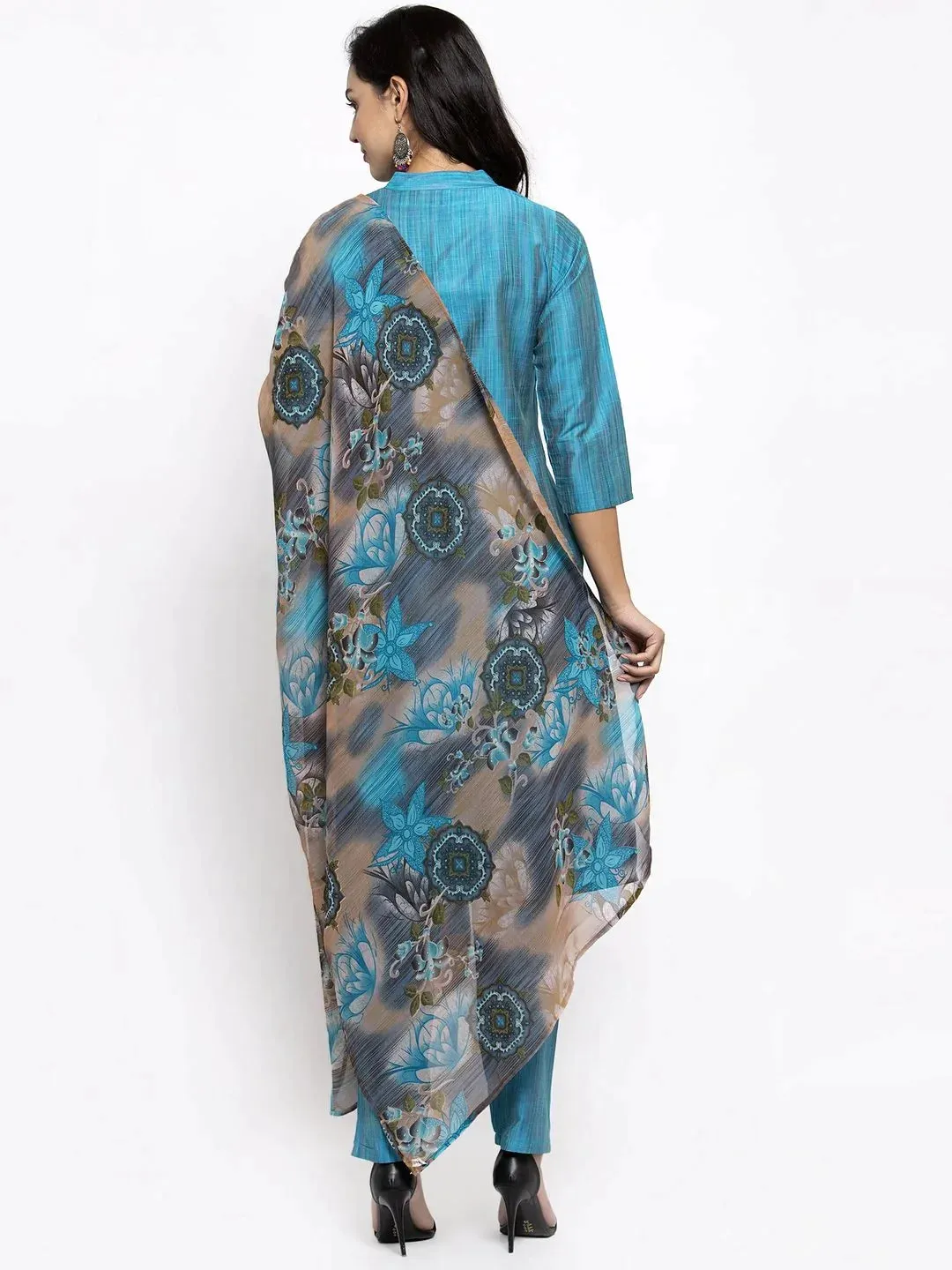 Women Blue & Green Self-Striped Kurta With Trousers & Printed Georgette Dupatta