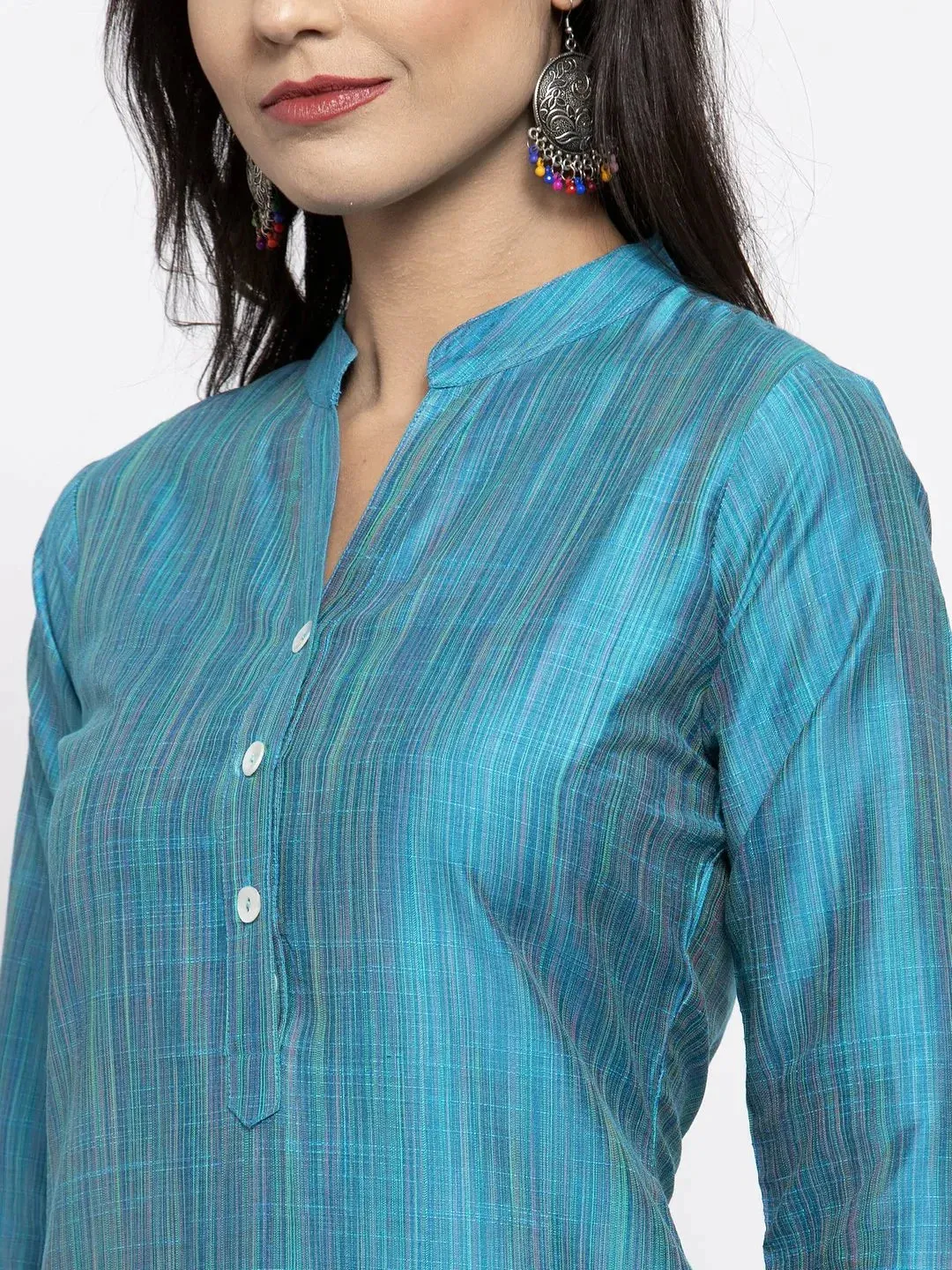 Women Blue & Green Self-Striped Kurta With Trousers & Printed Georgette Dupatta
