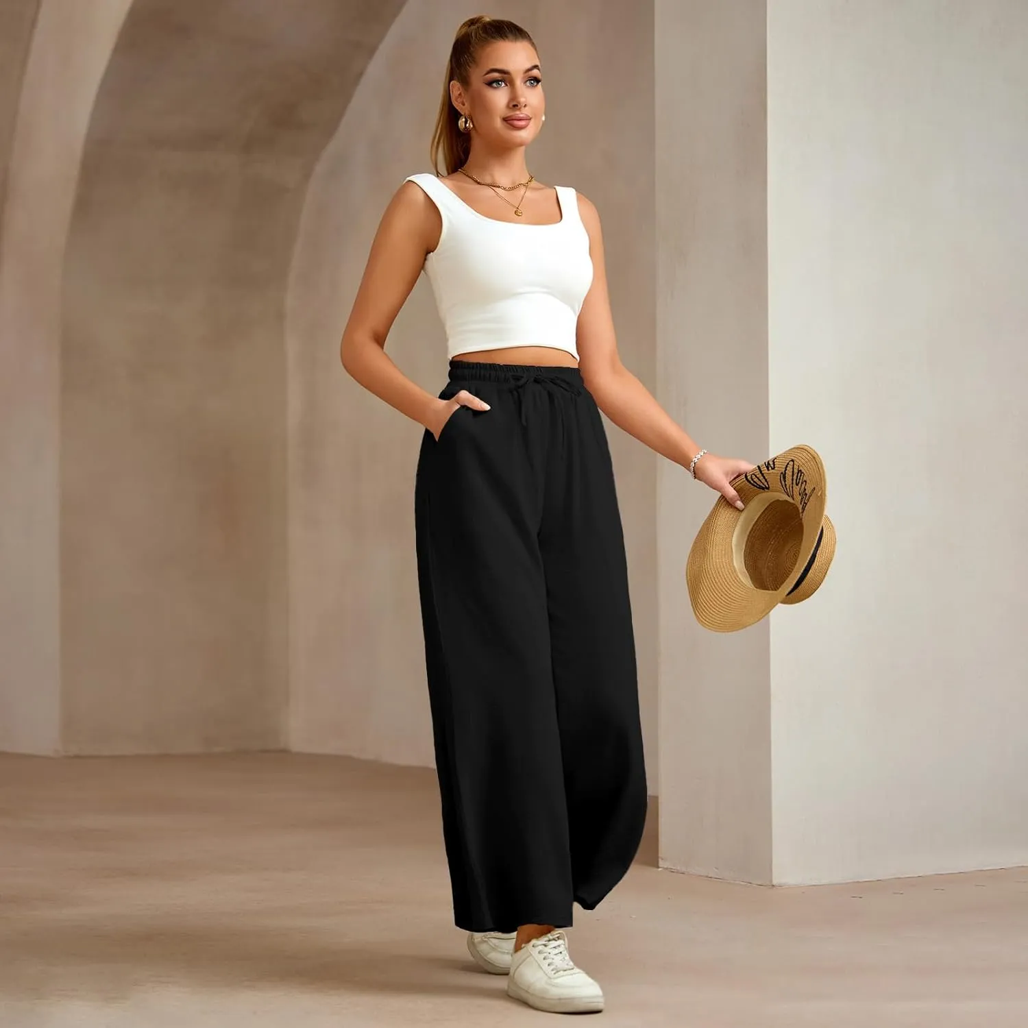Women Wide Leg Pants Casual Drawstring Elastic High Waist Flowy Beach Palazzo Work Formal Pants with Pockets