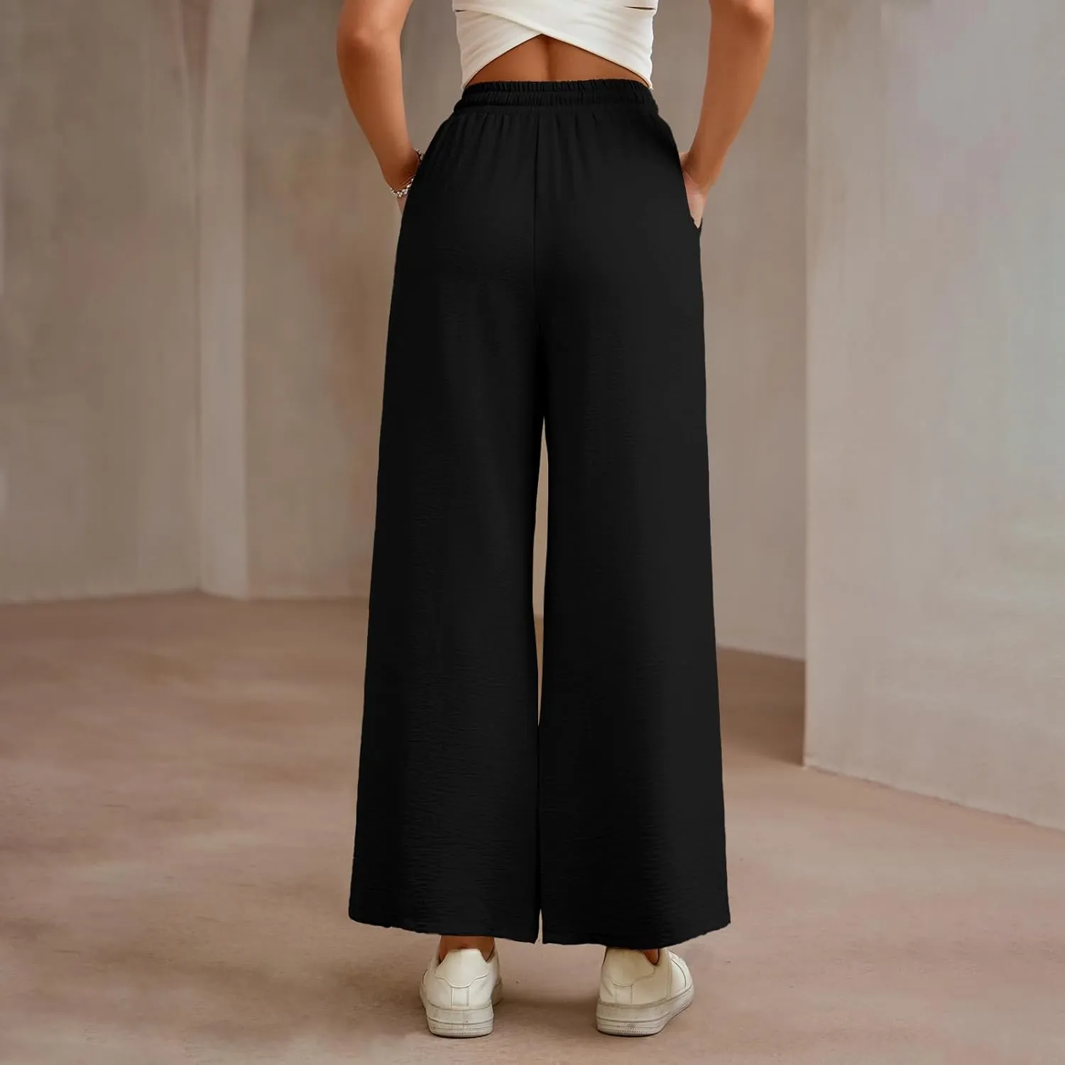 Women Wide Leg Pants Casual Drawstring Elastic High Waist Flowy Beach Palazzo Work Formal Pants with Pockets