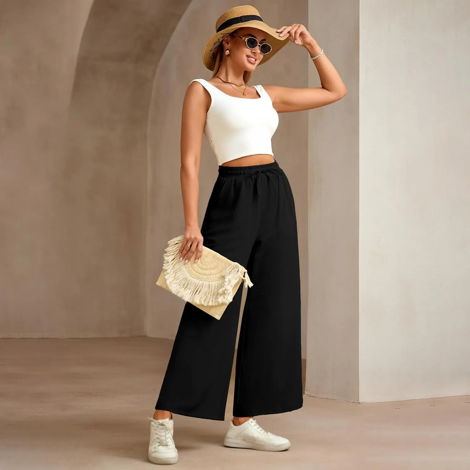 Women Wide Leg Pants Casual Drawstring Elastic High Waist Flowy Beach Palazzo Work Formal Pants with Pockets