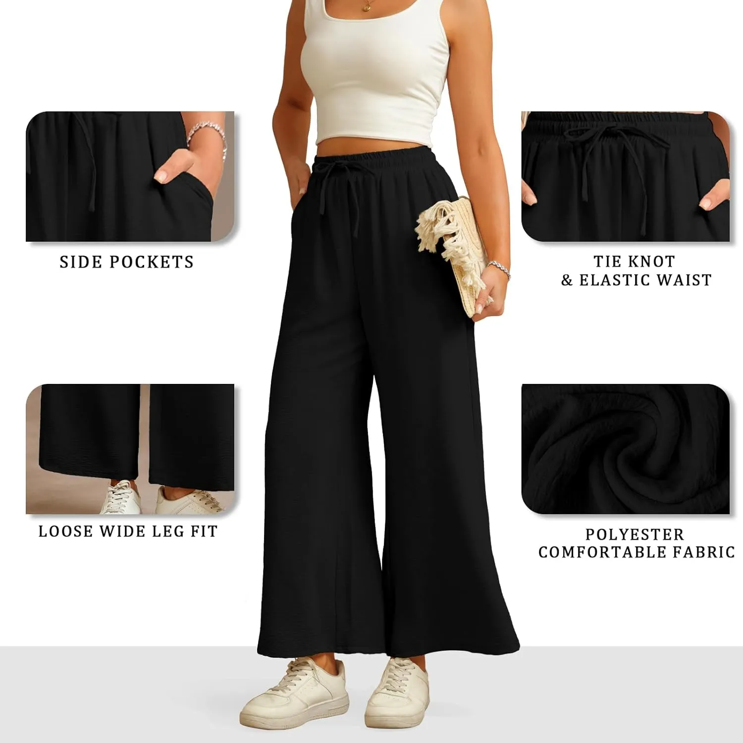 Women Wide Leg Pants Casual Drawstring Elastic High Waist Flowy Beach Palazzo Work Formal Pants with Pockets
