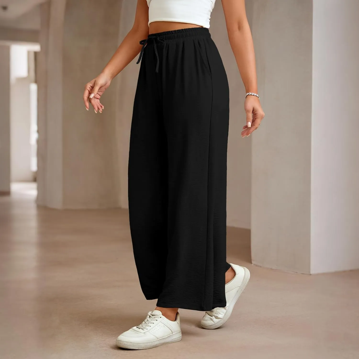 Women Wide Leg Pants Casual Drawstring Elastic High Waist Flowy Beach Palazzo Work Formal Pants with Pockets