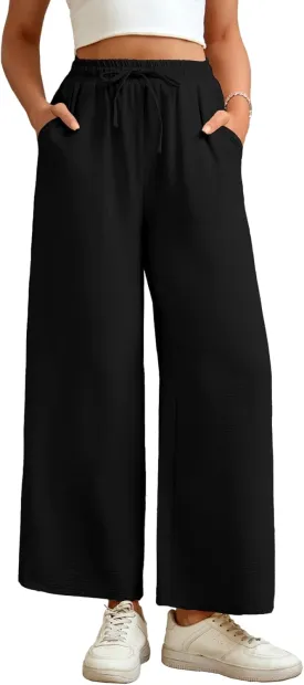 Women Wide Leg Pants Casual Drawstring Elastic High Waist Flowy Beach Palazzo Work Formal Pants with Pockets