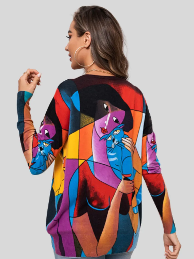 Women's Autumn and Winter Round Neck Long-Sleeved Printed Tops
