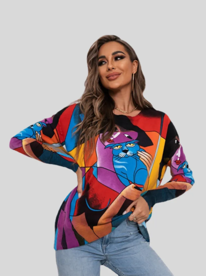 Women's Autumn and Winter Round Neck Long-Sleeved Printed Tops