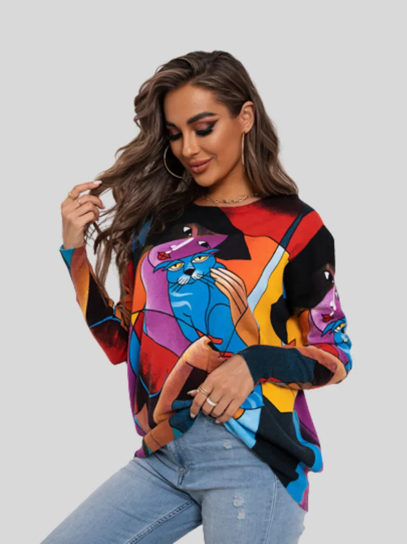 Women's Autumn and Winter Round Neck Long-Sleeved Printed Tops