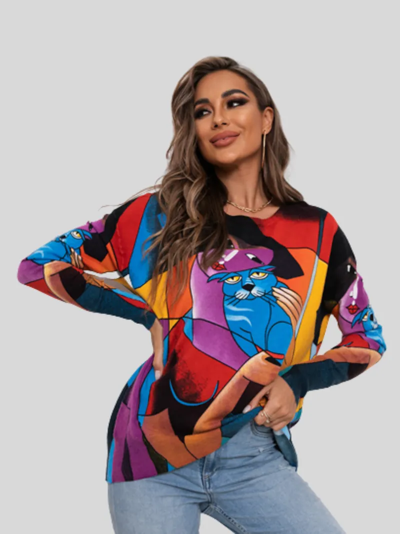 Women's Autumn and Winter Round Neck Long-Sleeved Printed Tops