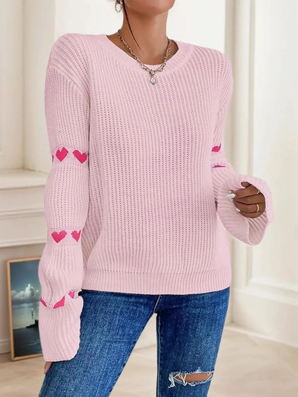 Women's Casual Heart Cute Sweater Round Neck Drop Shoulder Long Sleeve Knitted Pullover Sweater Top