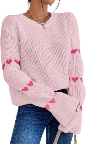 Women's Casual Heart Cute Sweater Round Neck Drop Shoulder Long Sleeve Knitted Pullover Sweater Top