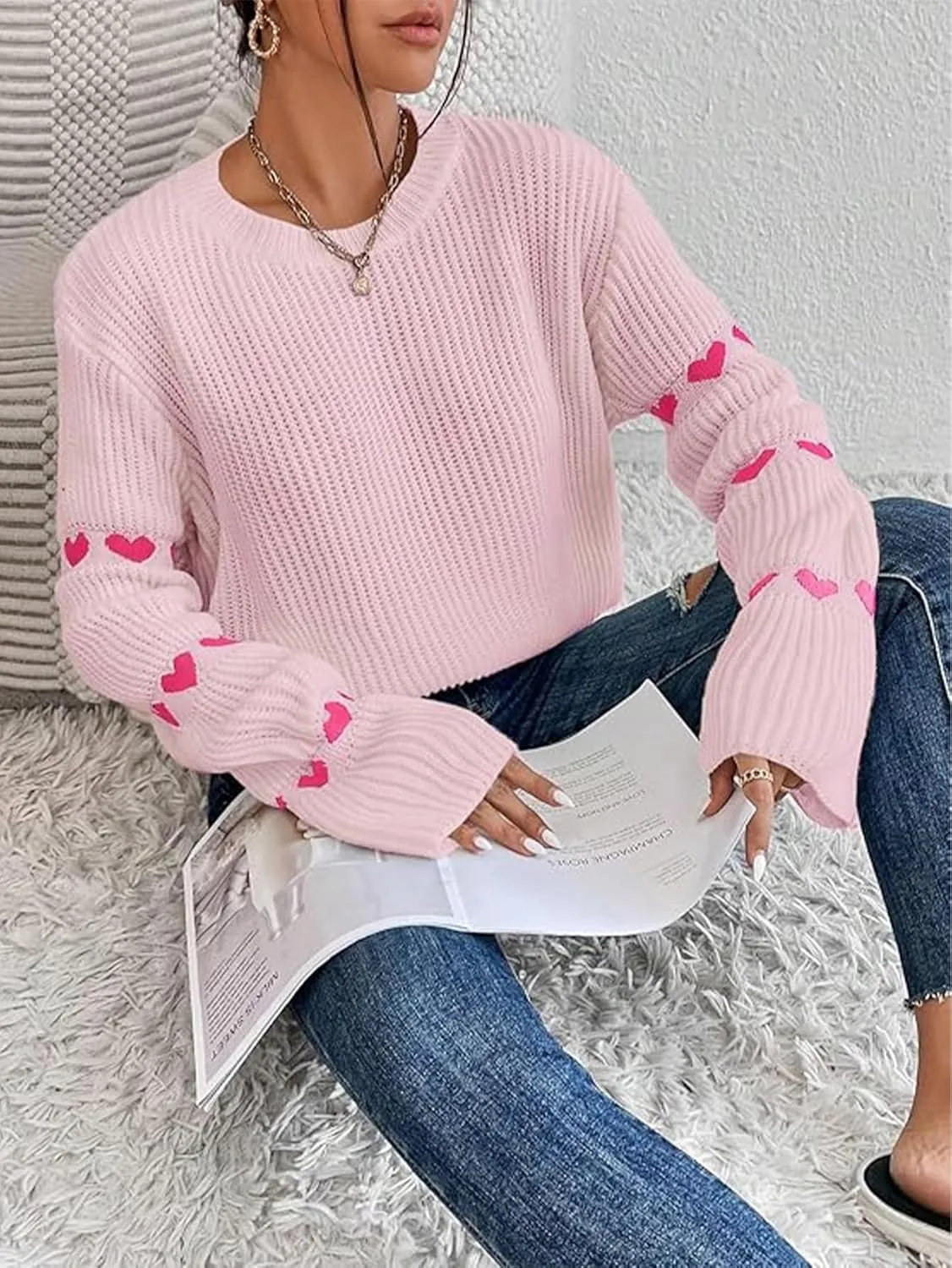 Women's Casual Heart Cute Sweater Round Neck Drop Shoulder Long Sleeve Knitted Pullover Sweater Top