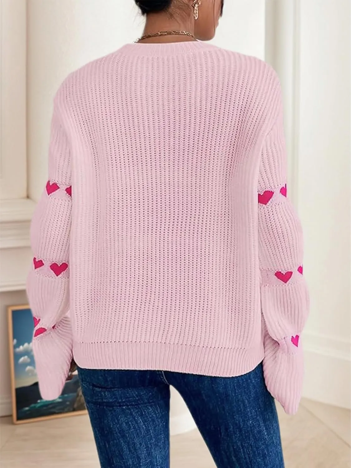 Women's Casual Heart Cute Sweater Round Neck Drop Shoulder Long Sleeve Knitted Pullover Sweater Top
