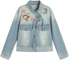 Women's Denim Jacket Vintage Embroidered Short Outerwear Stand Collar Long Sleeve Denim Coat